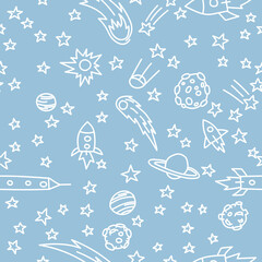 Cosmic pattern. Kids Space pattern. Night sky hand drawn doodle background. Baby seamless pattern - space, spaceships and planets with stars. Trendy vector background.