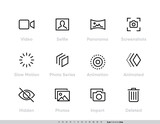 Fototapeta  - Media Files vector icon set. Camera And Photography set with Selfie, Panorama, Screenshots, Slow Motion, Photo, Series, Animation, Animated, Hidden Photos, Import and Delete Line icons for Photo App