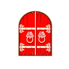 Wall Mural - Fairytale red door of a beautiful princess. Antique door with forged decorations. Entrance to the magical land. Cartoon style. Vector illustration isolated on a white background.