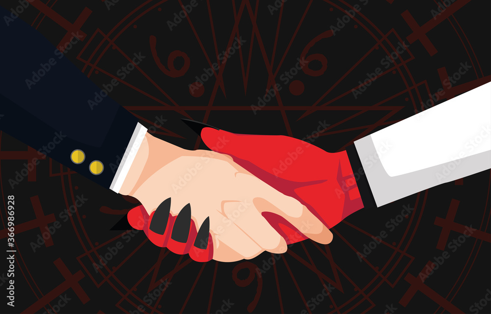 Concept of hand shaking between businessman and devil on dark ...
