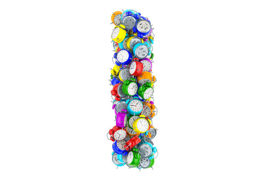 Letter I from colored alarm clocks, 3D rendering