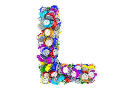 Letter L from colored alarm clocks, 3D rendering