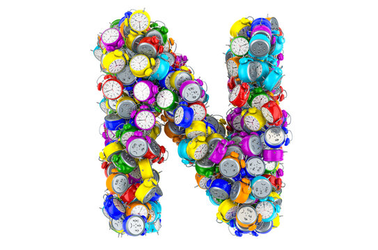 Letter N from colored alarm clocks, 3D rendering