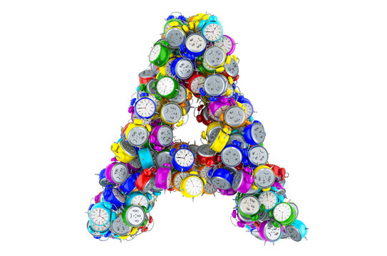 Letter A from colored alarm clocks, 3D rendering