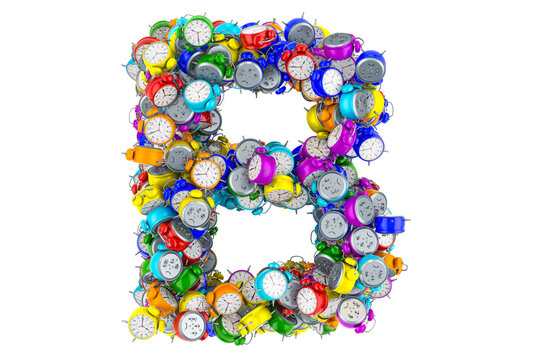 Letter B from colored alarm clocks, 3D rendering