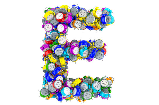 Letter E from colored alarm clocks, 3D rendering