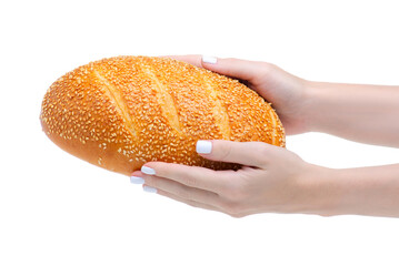 loaf bread with sesame seeds in hand on white background isolation