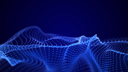 Poster - Digital dynamic wave of particles. Abstract blue futuristic background. Big data visualization. 3D rendering.