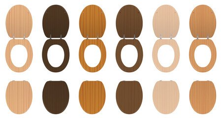 Wall Mural - Toilet seats. Wooden set of different textured lavatory lids, lifted up and down - old fashioned collection from trees like walnut, oak, pine or birch. Isolated vector on white.
