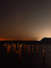 Comet C/2020 NEOWISE at night star sky with quiet sea, birds and city lights