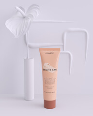 Fototapete - Cosmetic tube Product setting Beauty care branding identity concept, white flower sculpture, minimal light object placement interior, 3d rendering,
