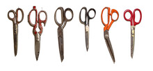 Six Pairs Of Antique Scissors Hanging Ona White Wall