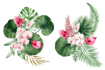 watercolor illustration of tropical leaves, branche, fern and pink flowers.  Botanical watercolor illustrations, floral elements, roses, protea, orchid and calla lilies