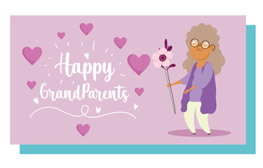 Poster - happy grandparents day, old woman grandmother with flowers cartoon card