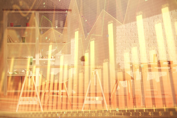 Poster - Double exposure of financial graph drawing and office interior background. Concept of stock market.