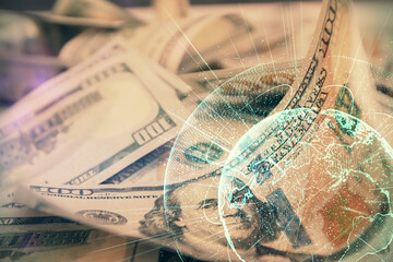 Poster - Multi exposure of social network drawing over us dollars bill background. Concept of people connection.