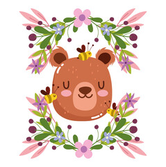 Sticker - cute bear head and bees animal flowers foliage nature decoration cartoon