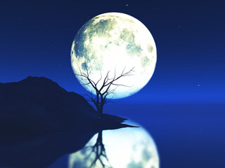 Wall Mural - 3d moonlit landscape with old gnarly tree