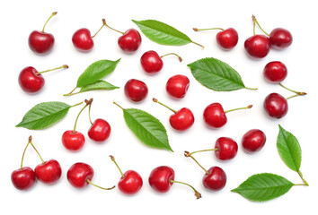 Wall Mural - Cherries with leaves isolated on white background. Top view, flat lay