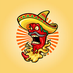 Mexican Red Hot Chili Pepper with hat icon Mascot Logo