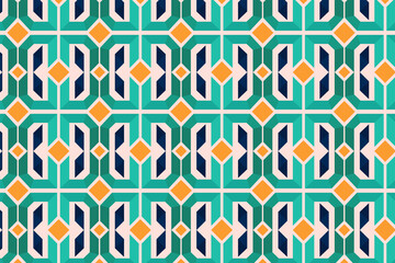 Poster - Mosaic color Seamless pattern with orange and green square geometric shapes on pink background. retro vintage abstract art print. Memphis style design. Wallpaper, cloth design, fabric, paper, textile.