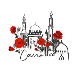 Wall Mural - Mosque cairo and red roses. Egypt symbol. Ancient line logo t-shirt design. Africa hand drawn vector illustration. Linear black sketch on white background.