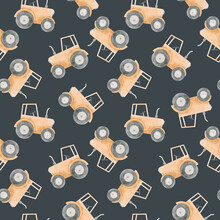 Beautiful Seamless Pattern With Watercolor Yellow Tractor. Stock Illustration.