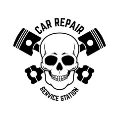 Wall Mural - Car repair. Service station. Emblem template with skull and crossed pistons. Design element for logo, emblem, sign, poster, card, banner.