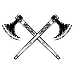 Poster - Illustration of two crossed viking axe in engraving style. Design element for logo, emblem, sign, poster, card, banner.