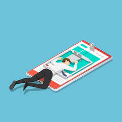 Poster - Isometric businessman trapped in a mousetrap on smartphone