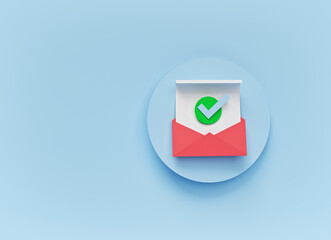 Poster - Open envelope with a check mark symbol. Official confirmation message, mail sent successfully, verification email. minimal design. 3d rendering