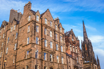 Wall Mural - Buildings and tower The Hub seen from Johnston Terrace street in the Old Town of Edinburgh city, Scotland, UK