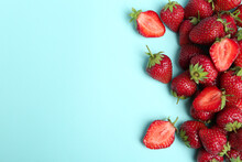 Tasty Ripe Strawberries On Light Blue Background, Flat Lay. Space For Text