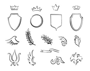 Heraldic line elements set. Black line sketch royal crown, shield, floral leaves, wings elements. Vector vintage logo decorations