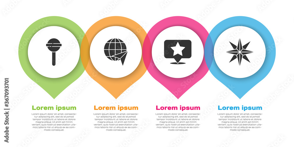 Set Lollipop, Globe with flying plane, Map pointer with star and Wind ...
