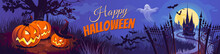 Halloween Pumpkins And Dark Castle On Blue Moon Background, Illustration.