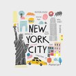 Stylized decorative flat symbols of new York hand drawn in pastel colors. Square illustration for travel guides, cards, posters and for printing on Souvenirs. Banner about travel. Vector illustration