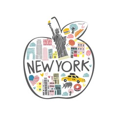 Wall Mural - Decorative symbols of New York drawn by hand in pastel colors inscribed in the shape of an apple. Banner, greeting card, printing on souvenir production. Flat cartoon cute vector illustration