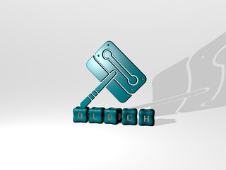 Poster - 3D graphical image of block vertically along with text built by metallic cubic letters from the top perspective, excellent for the concept presentation and slideshows. background and abstract