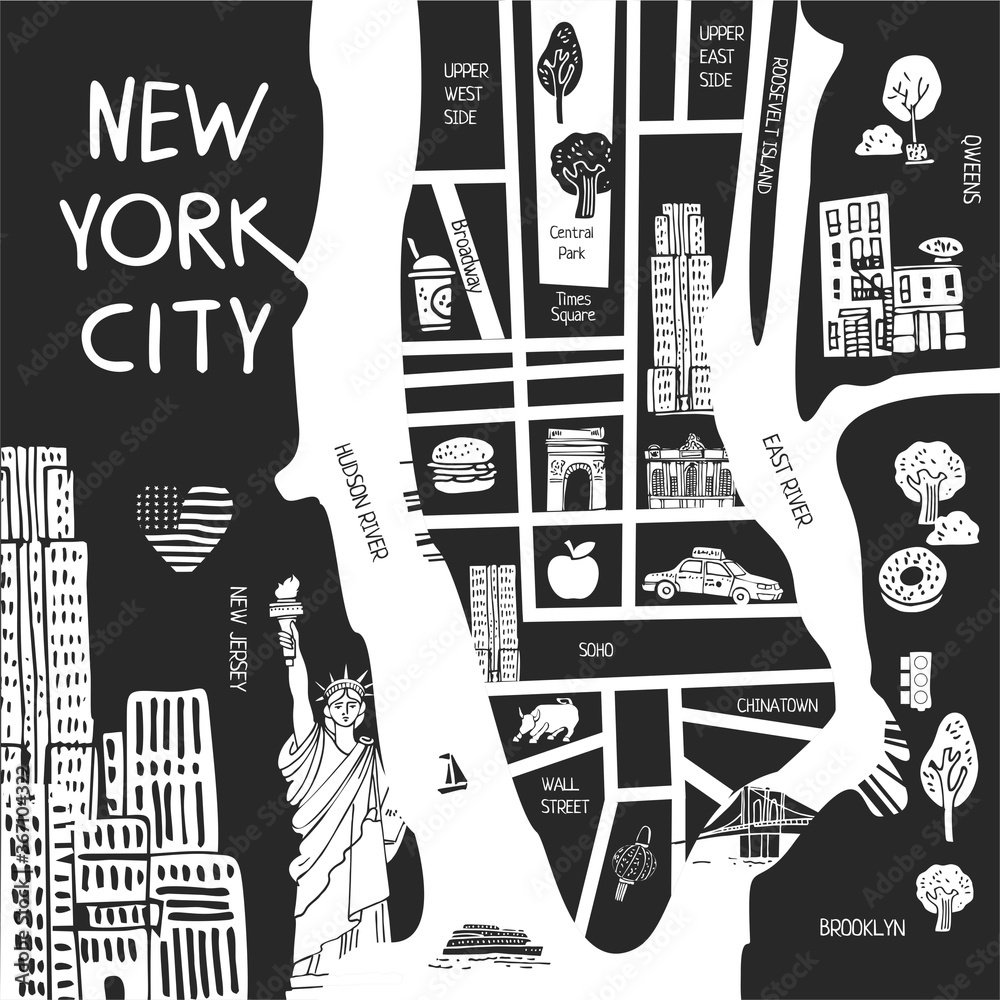Black and white stylized tourist map of new York drawn by hand for ...