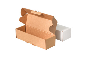 Set of brown and white cardboard boxes, isolated