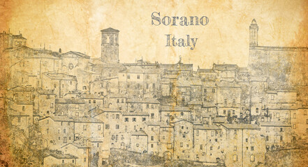 Sticker - Sketch of small town Sorano over roofs, Italy