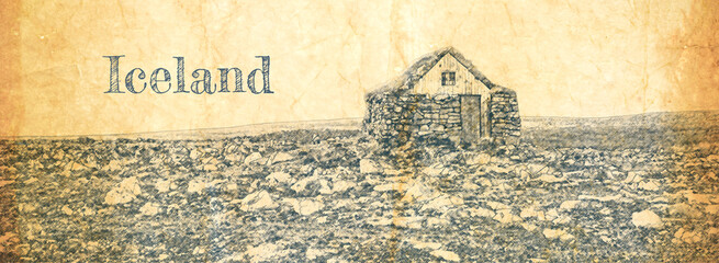 Wall Mural - Small cottage on the middle of nowhere, Iceland, sketch