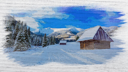 Wall Mural - Watercolor painting of snowy wooden cottages in winter, Tatra Mountains