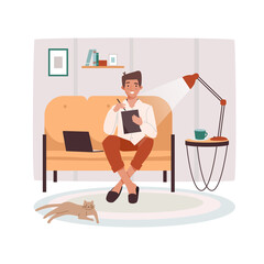 Aufkleber - Remote worker at sofa with tablet and notebook. Man doing remote job near lamp and cat. Male remotely working in the evening. Freelance vector illustration design. Cartoon freelancer, designer, editor
