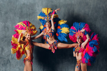 Wall Mural - Three Woman in cabaret costume with colorful feathers plumage.