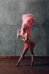 Wall Mural - Woman in samba or lambada costume with pink feathers plumage.