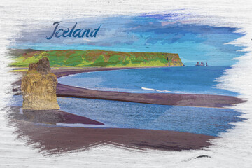 Wall Mural - big rock on the black beach in iceland, watercolor painting