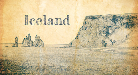 Wall Mural - black sand beach in iceland, sketch on old paper