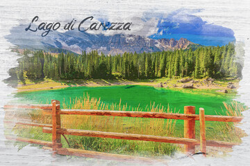 Sticker - Watercolor painting of Carezza lake in summer, Dolomites, Italy